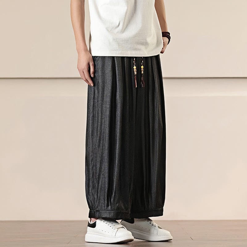 Buddha Stones春 ソリッドカラー ドローストリング メンズ ワイドレッグパンツ ポケット付き - image 5