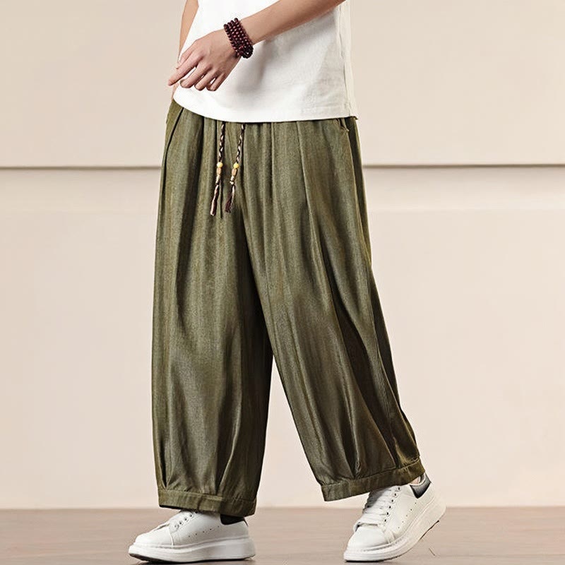 Buddha Stones春 ソリッドカラー ドローストリング メンズ ワイドレッグパンツ ポケット付き - image 28