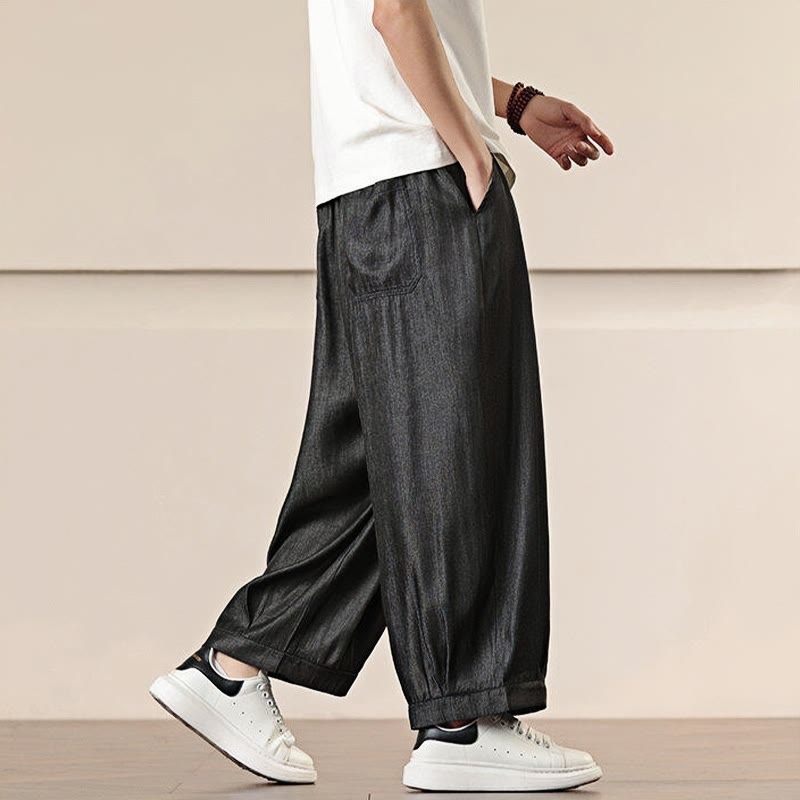 Buddha Stones春 ソリッドカラー ドローストリング メンズ ワイドレッグパンツ ポケット付き - image 7