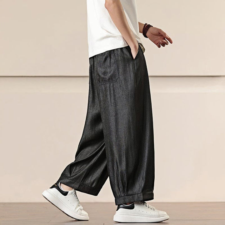 Buddha Stones春 ソリッドカラー ドローストリング メンズ ワイドレッグパンツ ポケット付き - image 7