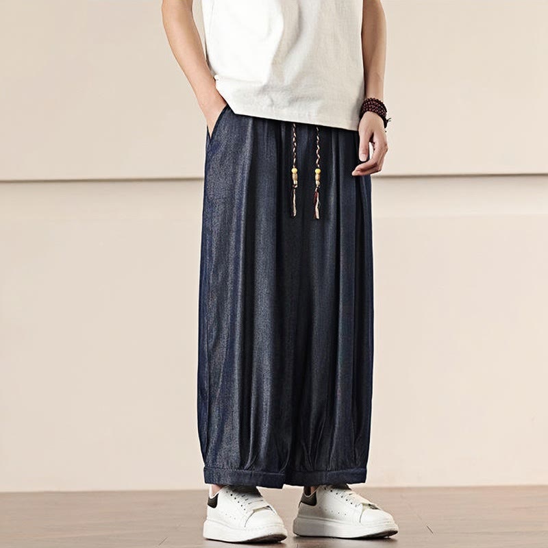 Buddha Stones春 ソリッドカラー ドローストリング メンズ ワイドレッグパンツ ポケット付き - image 36