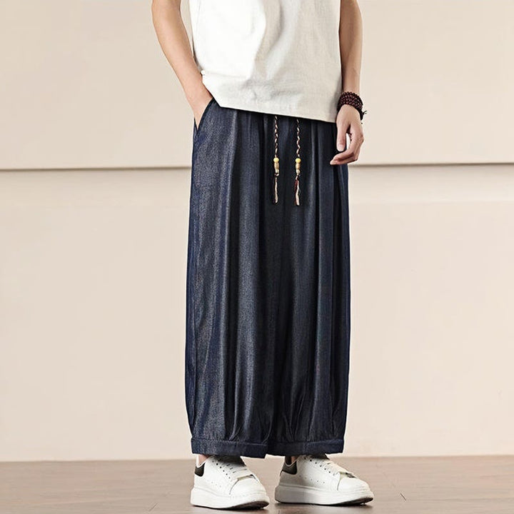 Buddha Stones春 ソリッドカラー ドローストリング メンズ ワイドレッグパンツ ポケット付き - image 36