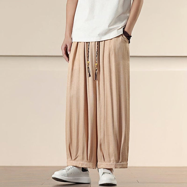 Buddha Stones春 ソリッドカラー ドローストリング メンズ ワイドレッグパンツ ポケット付き - image 17