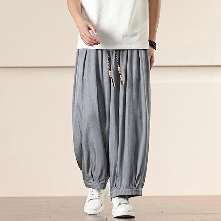 Buddha Stones春 ソリッドカラー ドローストリング メンズ ワイドレッグパンツ ポケット付き - image 12