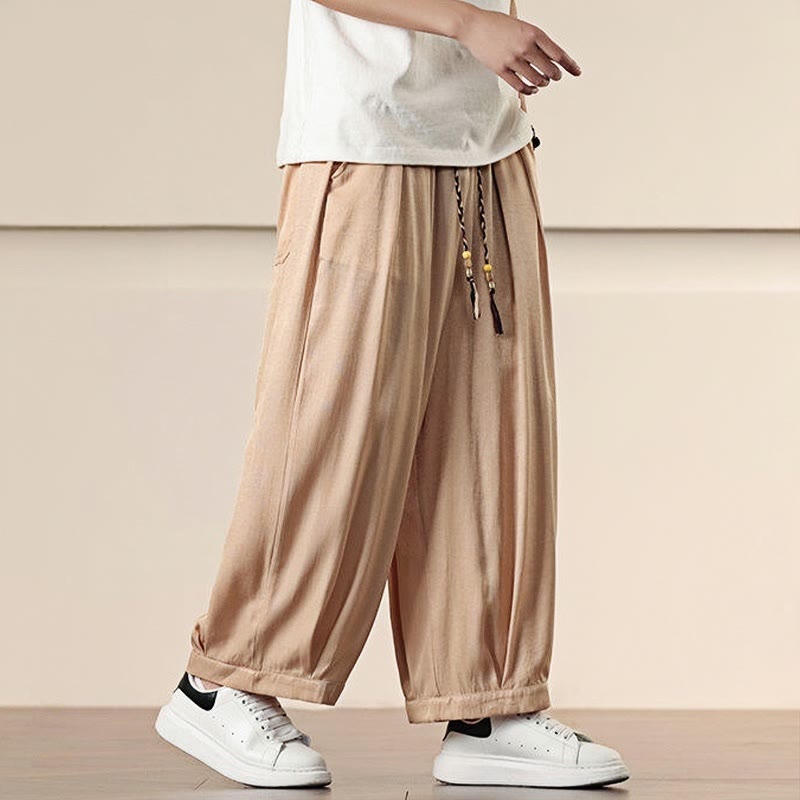 Buddha Stones春 ソリッドカラー ドローストリング メンズ ワイドレッグパンツ ポケット付き - image 22