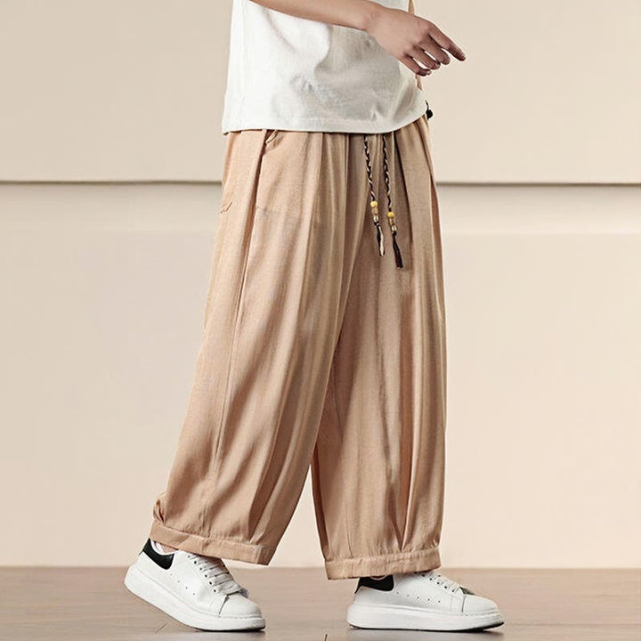 Buddha Stones春 ソリッドカラー ドローストリング メンズ ワイドレッグパンツ ポケット付き - image 22