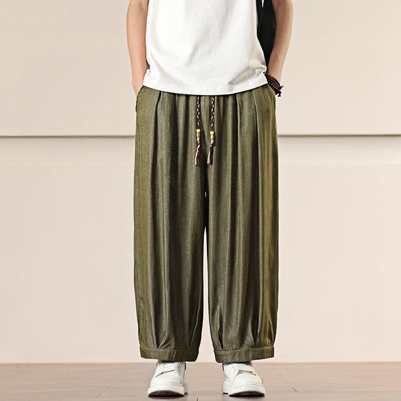 Buddha Stones春 ソリッドカラー ドローストリング メンズ ワイドレッグパンツ ポケット付き - image 25