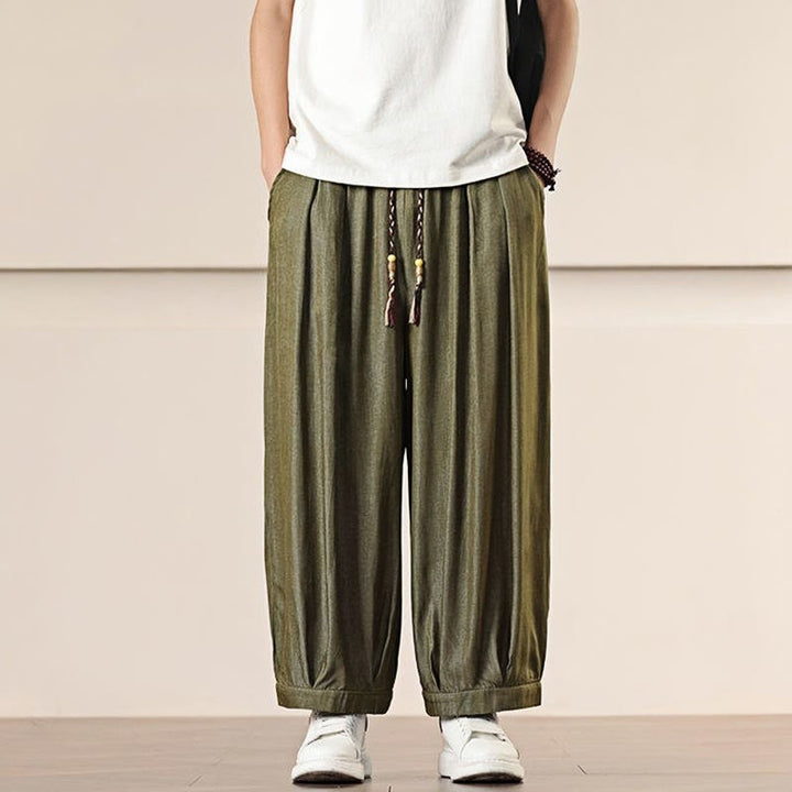 Buddha Stones春 ソリッドカラー ドローストリング メンズ ワイドレッグパンツ ポケット付き - image 25