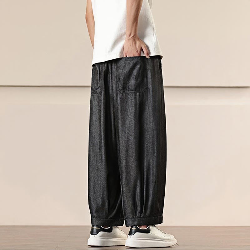 Buddha Stones春 ソリッドカラー ドローストリング メンズ ワイドレッグパンツ ポケット付き - image 4