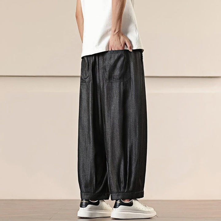 Buddha Stones春 ソリッドカラー ドローストリング メンズ ワイドレッグパンツ ポケット付き - image 4