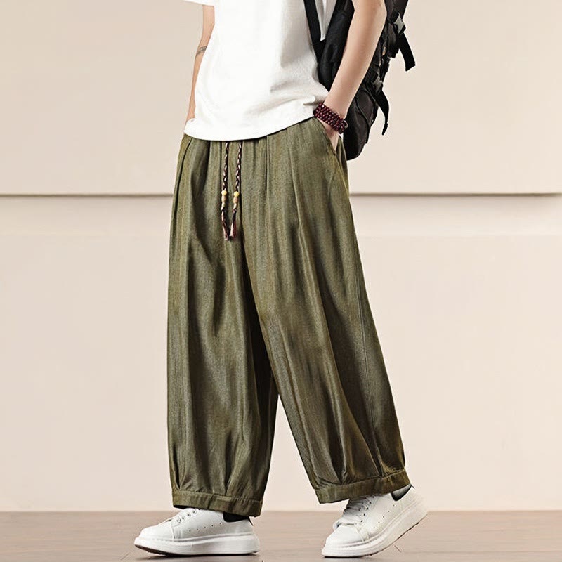 Buddha Stones春 ソリッドカラー ドローストリング メンズ ワイドレッグパンツ ポケット付き - image 31