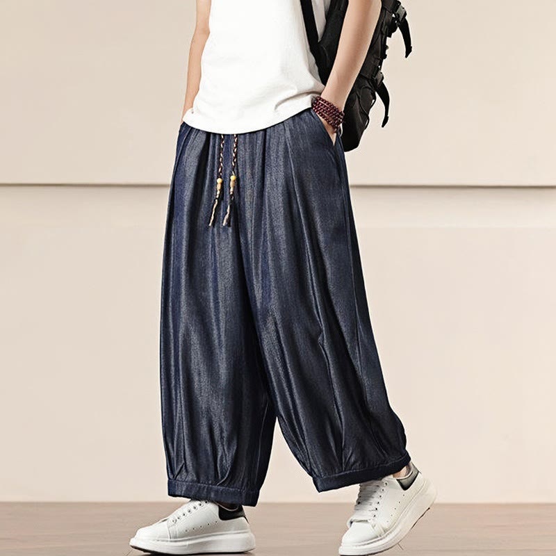 Buddha Stones春 ソリッドカラー ドローストリング メンズ ワイドレッグパンツ ポケット付き - image 33