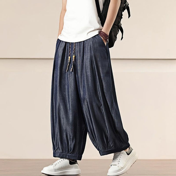 Buddha Stones春 ソリッドカラー ドローストリング メンズ ワイドレッグパンツ ポケット付き - image 33