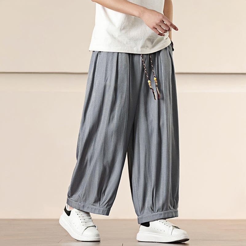 Buddha Stones春 ソリッドカラー ドローストリング メンズ ワイドレッグパンツ ポケット付き - image 15