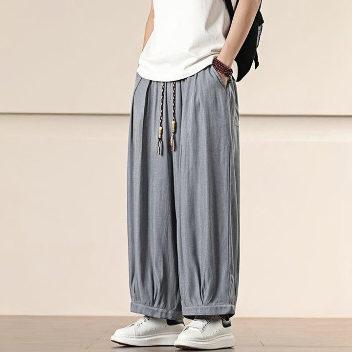Buddha Stones春 ソリッドカラー ドローストリング メンズ ワイドレッグパンツ ポケット付き - image 10