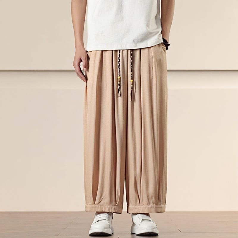 Buddha Stones春 ソリッドカラー ドローストリング メンズ ワイドレッグパンツ ポケット付き - image 18