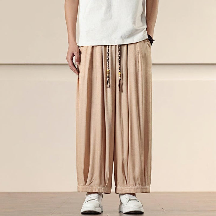 Buddha Stones春 ソリッドカラー ドローストリング メンズ ワイドレッグパンツ ポケット付き - image 18