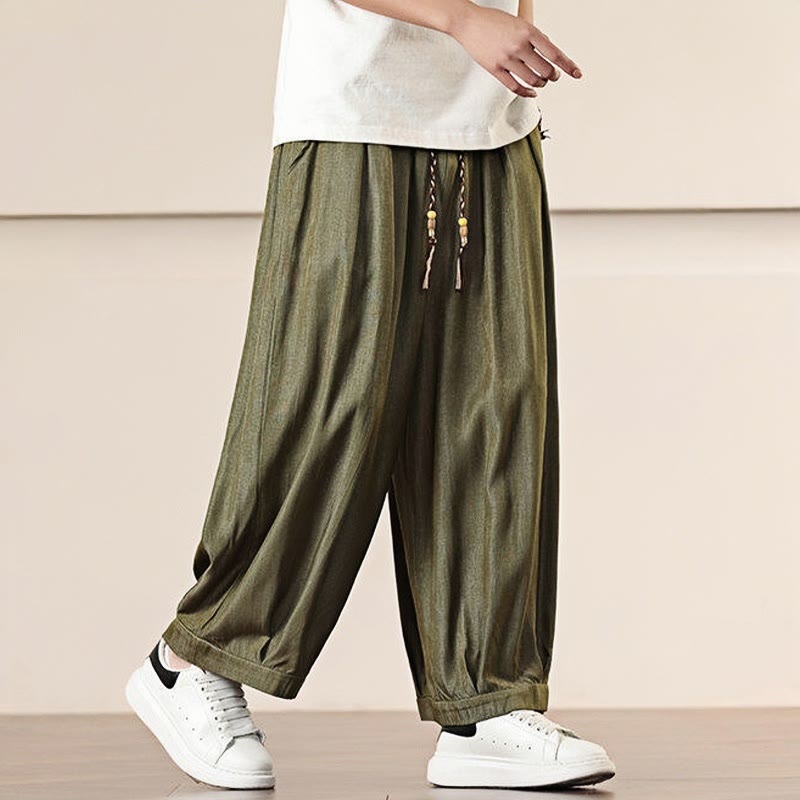 Buddha Stones春 ソリッドカラー ドローストリング メンズ ワイドレッグパンツ ポケット付き - image 30