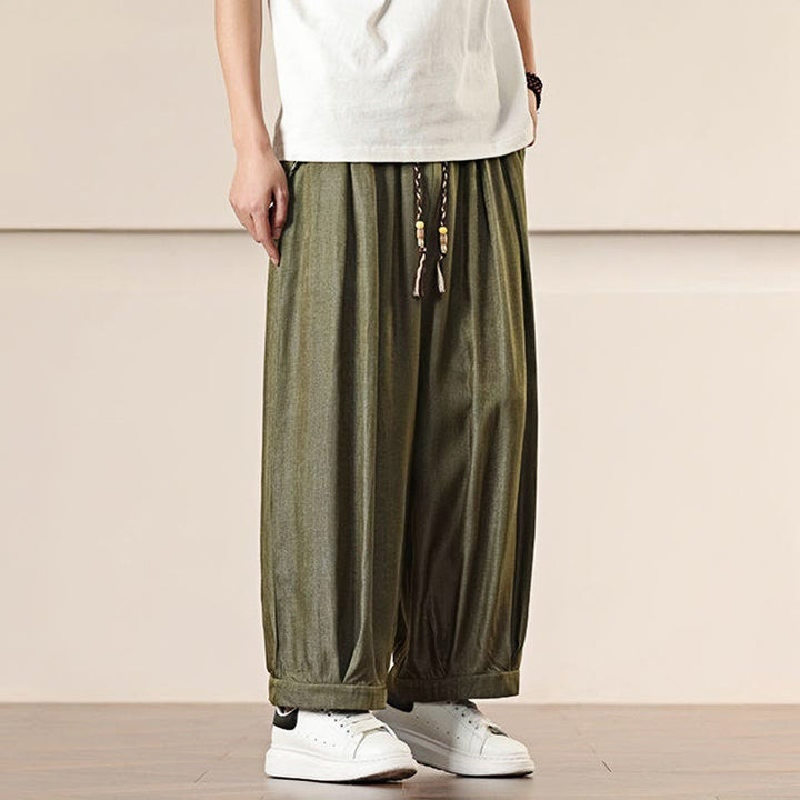 Buddha Stones春 ソリッドカラー ドローストリング メンズ ワイドレッグパンツ ポケット付き - image 27