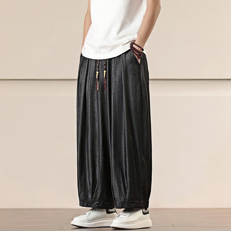 Buddha Stones春 ソリッドカラー ドローストリング メンズ ワイドレッグパンツ ポケット付き - image 2