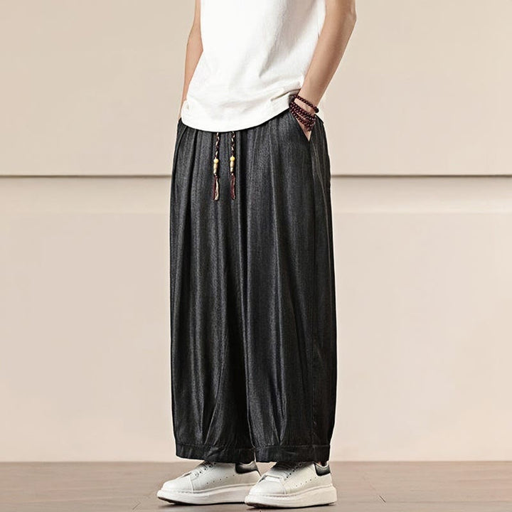 Buddha Stones春 ソリッドカラー ドローストリング メンズ ワイドレッグパンツ ポケット付き - image 2