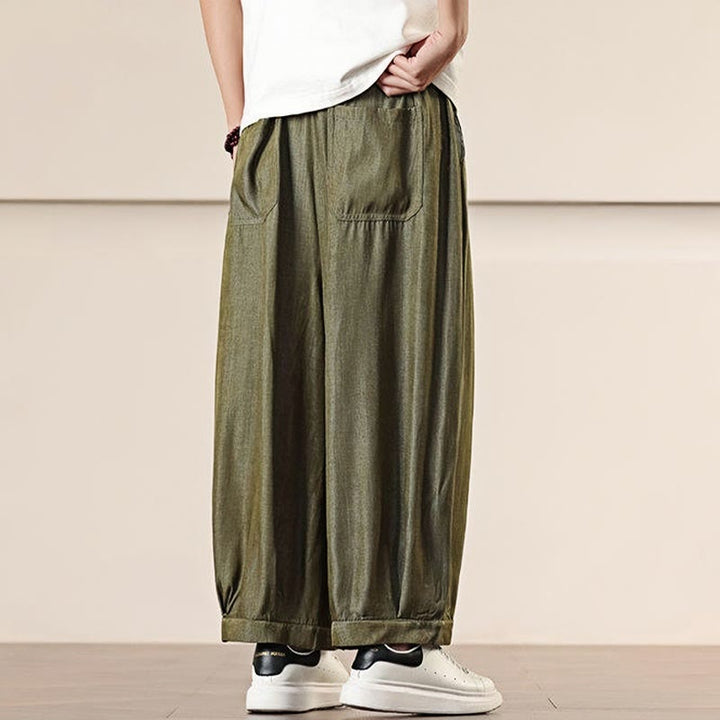 Buddha Stones春 ソリッドカラー ドローストリング メンズ ワイドレッグパンツ ポケット付き - image 26