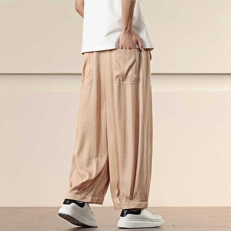 Buddha Stones春 ソリッドカラー ドローストリング メンズ ワイドレッグパンツ ポケット付き - image 19