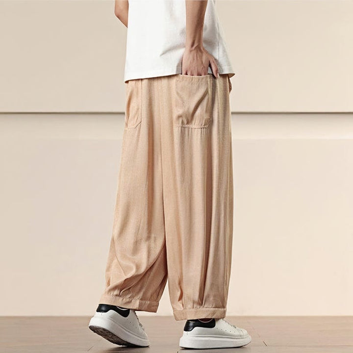 Buddha Stones春 ソリッドカラー ドローストリング メンズ ワイドレッグパンツ ポケット付き - image 19
