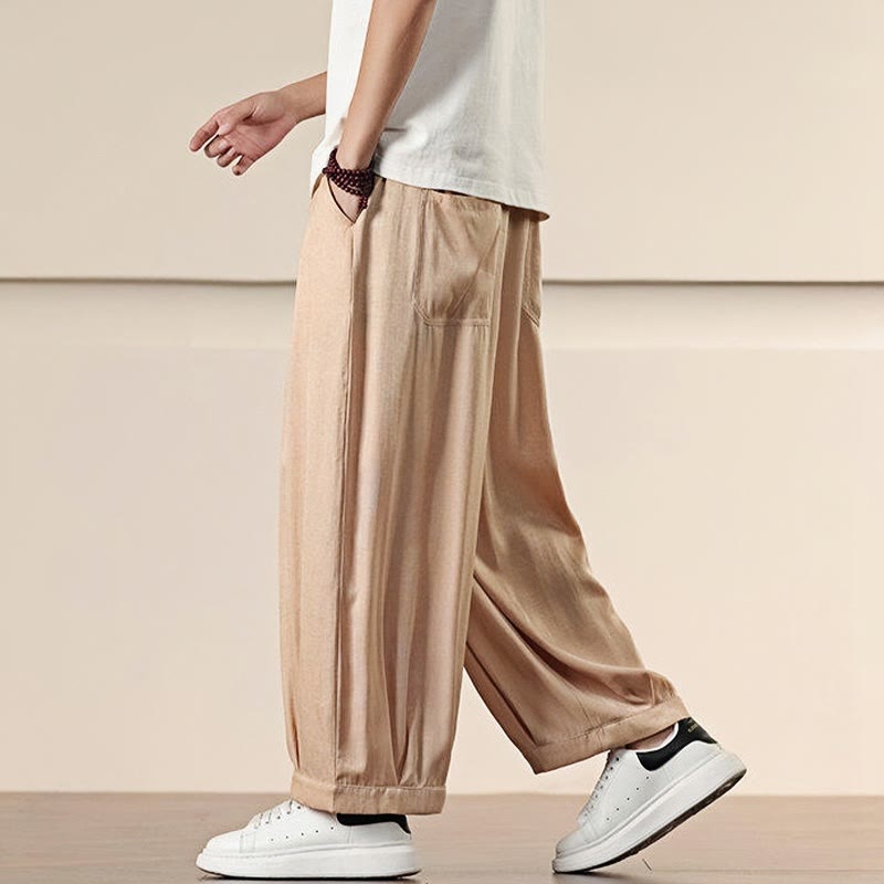 Buddha Stones春 ソリッドカラー ドローストリング メンズ ワイドレッグパンツ ポケット付き - image 21