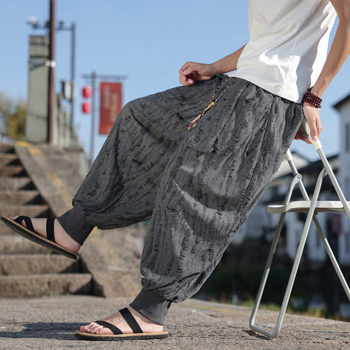 Buddha Stones無地 ホールデザイン ドローストリング コットン メンズ ワイドレッグパンツ ポケット付き - image 6