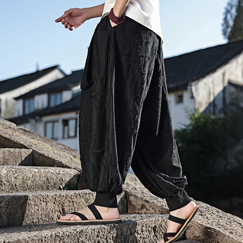 Buddha Stones無地 ホールデザイン ドローストリング コットン メンズ ワイドレッグパンツ ポケット付き - image 12