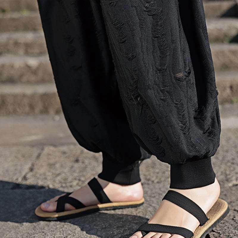 Buddha Stones無地 ホールデザイン ドローストリング コットン メンズ ワイドレッグパンツ ポケット付き - image 21