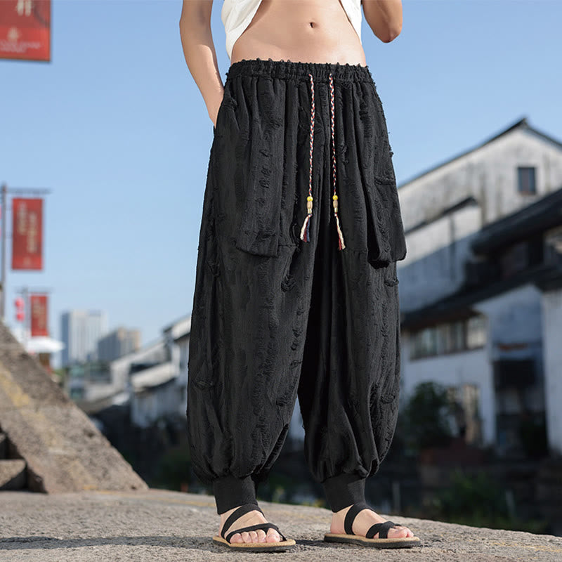 Buddha Stones無地 ホールデザイン ドローストリング コットン メンズ ワイドレッグパンツ ポケット付き - image 15