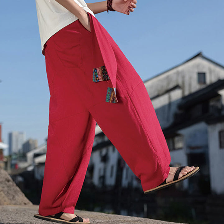 Buddha Stonesシンプル パッチワークデザイン ドローストリング コットン メンズ ワイドレッグパンツ ポケット付き - image 22