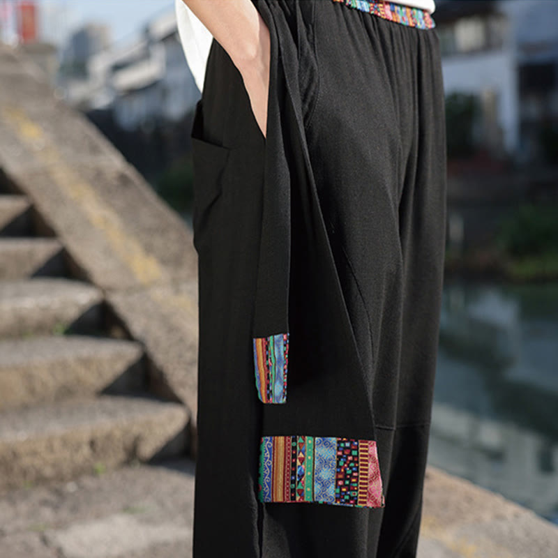 Buddha Stonesシンプル パッチワークデザイン ドローストリング コットン メンズ ワイドレッグパンツ ポケット付き - image 12