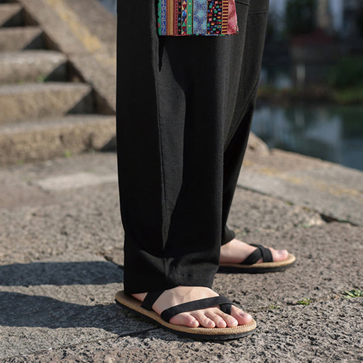 Buddha Stonesシンプル パッチワークデザイン ドローストリング コットン メンズ ワイドレッグパンツ ポケット付き - image 13