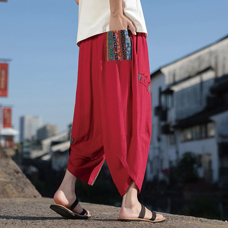 Buddha Stonesボヘミアン パッチワーク柄 コットン ドローストリング メンズ ワイドレッグパンツ ポケット付き - image 19