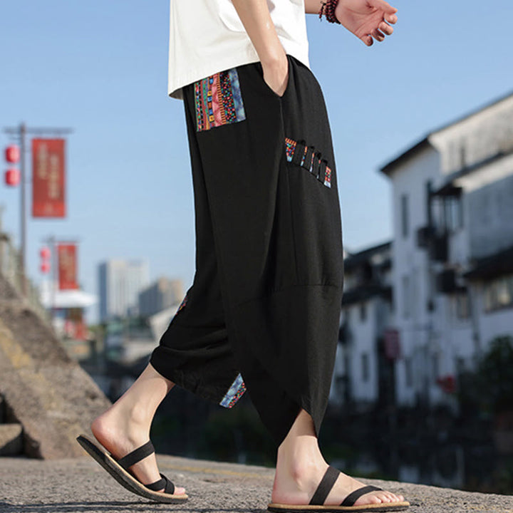 Buddha Stonesボヘミアン パッチワーク柄 コットン ドローストリング メンズ ワイドレッグパンツ ポケット付き - 黒 - US/UK/AU46、 EU56 (5XL) - image 0