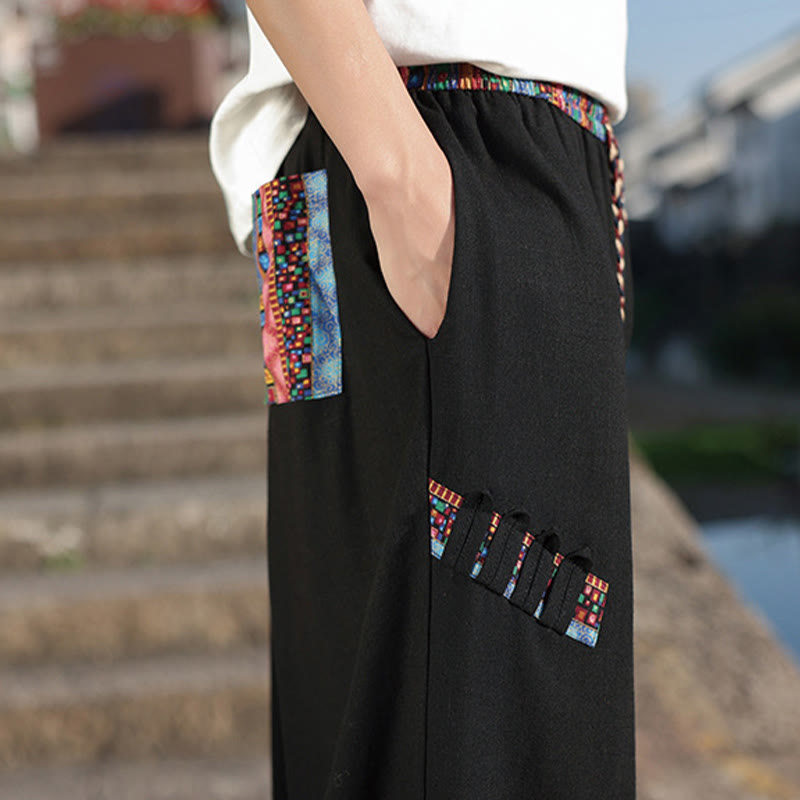 Buddha Stonesボヘミアン パッチワーク柄 コットン ドローストリング メンズ ワイドレッグパンツ ポケット付き - image 12