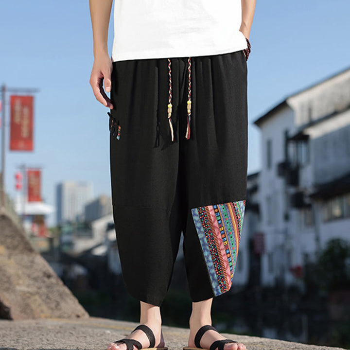 Buddha Stonesボヘミアン パッチワーク柄 コットン ドローストリング メンズ ワイドレッグパンツ ポケット付き - image 3