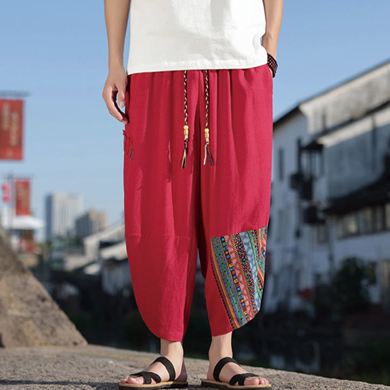 Buddha Stonesボヘミアン パッチワーク柄 コットン ドローストリング メンズ ワイドレッグパンツ ポケット付き - image 16