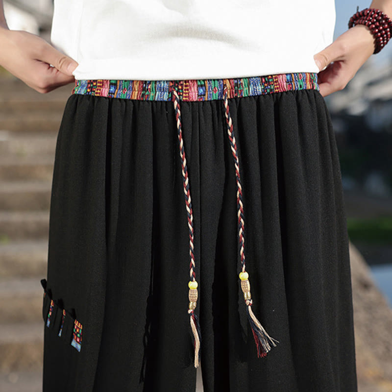 Buddha Stonesボヘミアン パッチワーク柄 コットン ドローストリング メンズ ワイドレッグパンツ ポケット付き - image 10