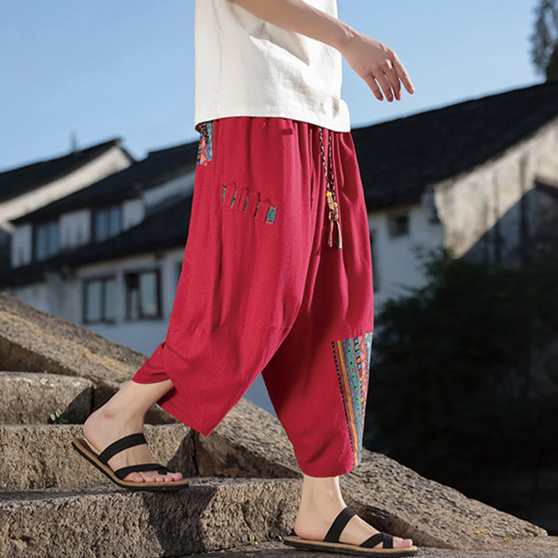 Buddha Stonesボヘミアン パッチワーク柄 コットン ドローストリング メンズ ワイドレッグパンツ ポケット付き - image 20