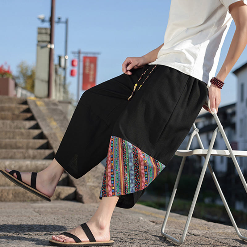 Buddha Stonesボヘミアン パッチワーク柄 コットン ドローストリング メンズ ワイドレッグパンツ ポケット付き - image 8