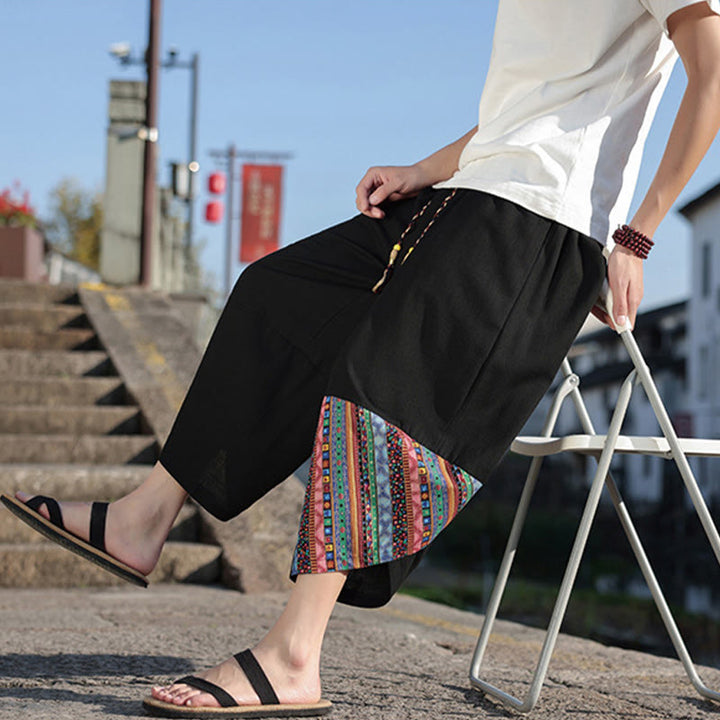 Buddha Stonesボヘミアン パッチワーク柄 コットン ドローストリング メンズ ワイドレッグパンツ ポケット付き - image 8