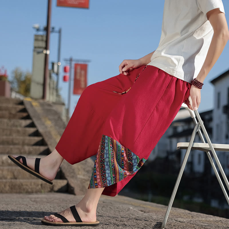 Buddha Stonesボヘミアン パッチワーク柄 コットン ドローストリング メンズ ワイドレッグパンツ ポケット付き - image 21