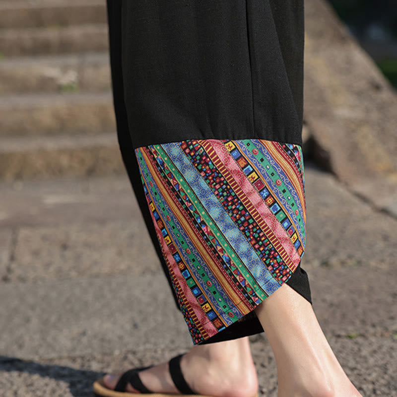 Buddha Stonesボヘミアン パッチワーク柄 コットン ドローストリング メンズ ワイドレッグパンツ ポケット付き - image 9