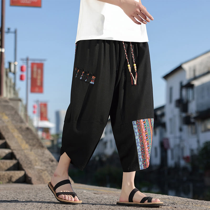 Buddha Stonesボヘミアン パッチワーク柄 コットン ドローストリング メンズ ワイドレッグパンツ ポケット付き - image 7