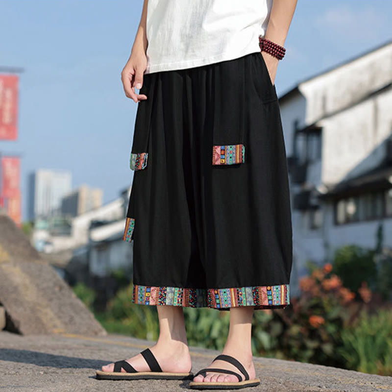 Buddha Stones夏 エスニック 7-8丈 クロップド丈 コットン メンズ ワイドレッグパンツ ポケット付き - image 1