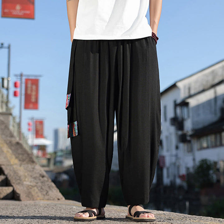Buddha Stonesシンプル パッチワークデザイン ドローストリング ソフトコットン メンズ ワイドレッグパンツ ポケット付き